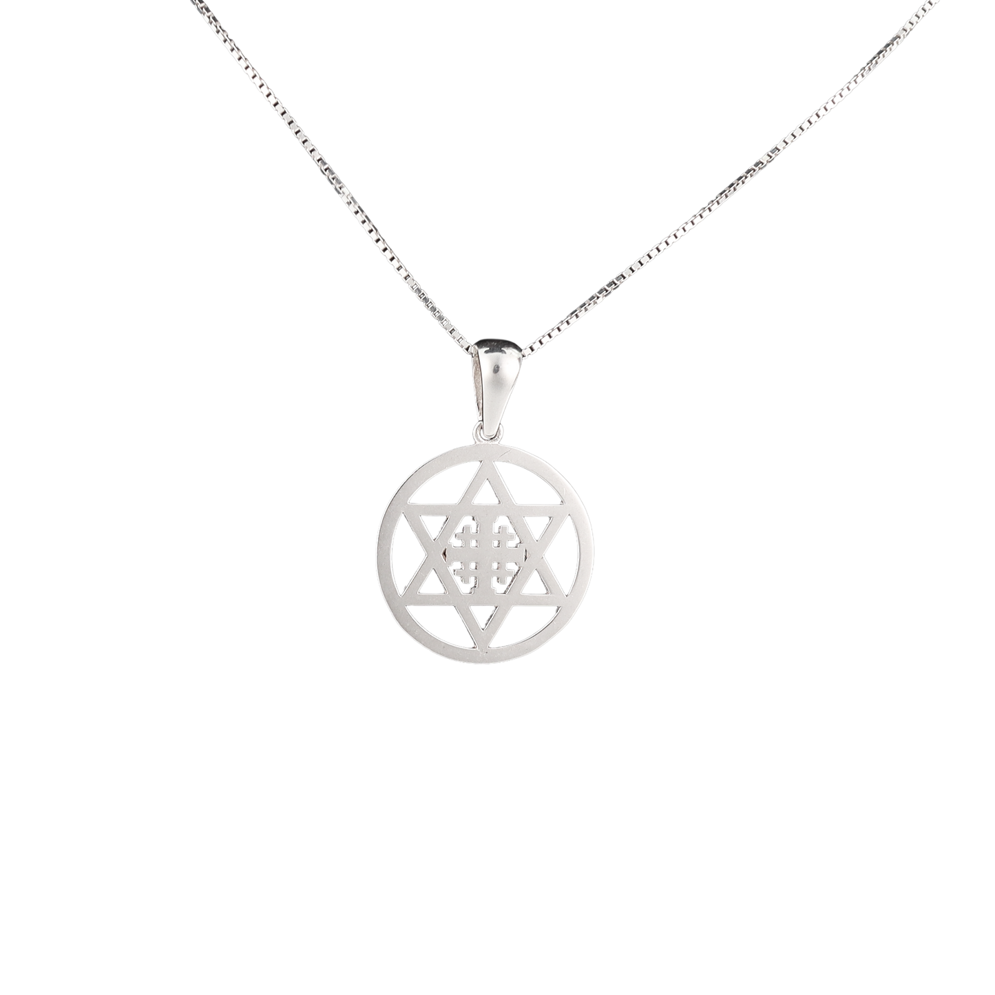 Circular silver pendant with star of David and Jerusalem cross at the center