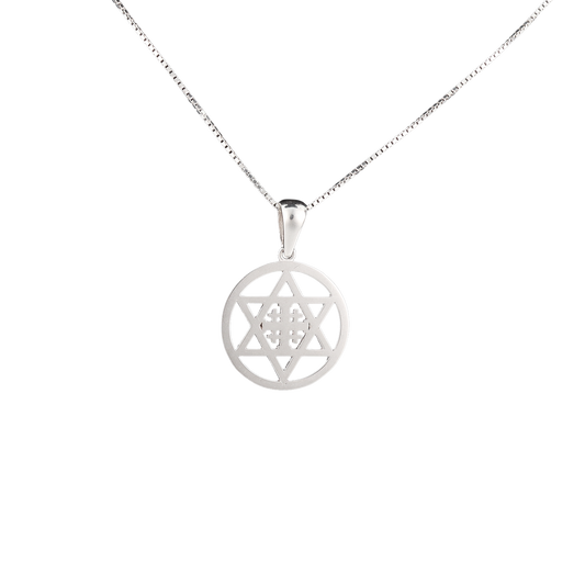 Circular silver pendant with star of David and Jerusalem cross at the center