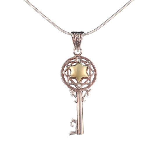 Silver key pendant with gold star of David on a silver chain