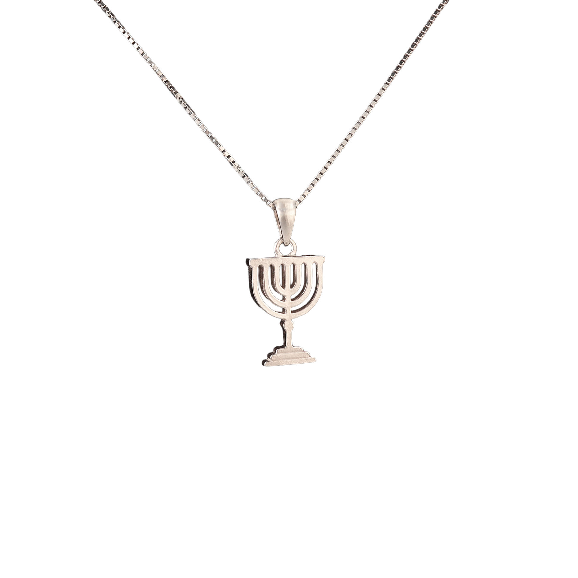 Silver seven branch menorah on a silver chain