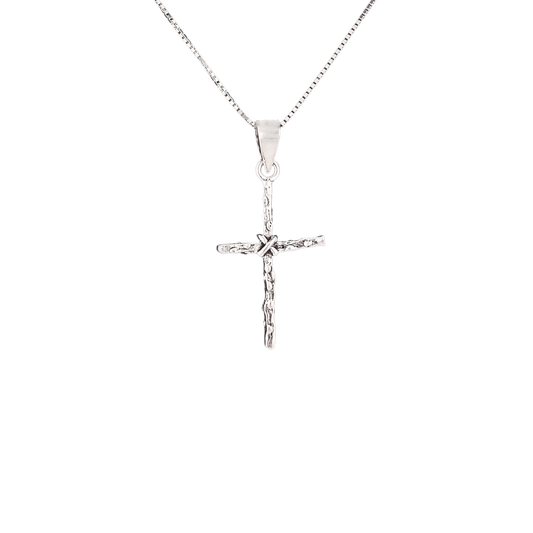 Silver cross pendant made to look like two tree branches