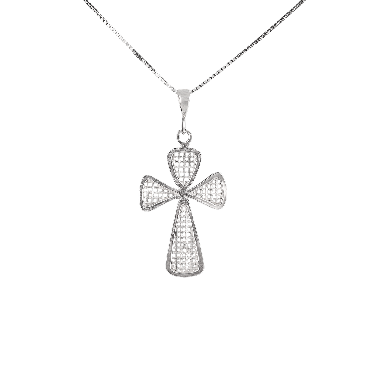 Silver cross pendant with an open weave design 