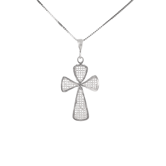 Silver cross pendant with an open weave design 