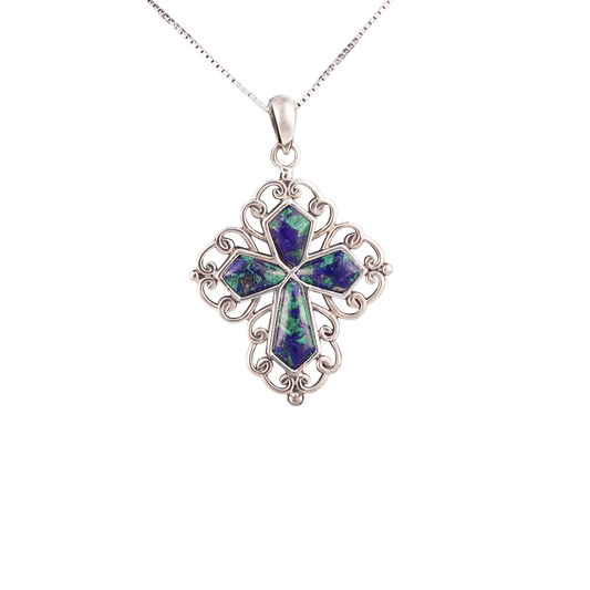 Eilat Stone & Silver Filigree Cross Pendant