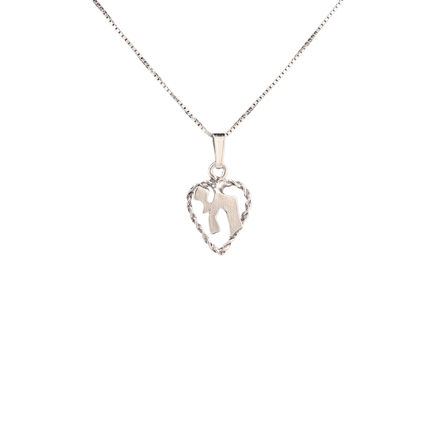 Silver heart shaped pendant with chai symbol