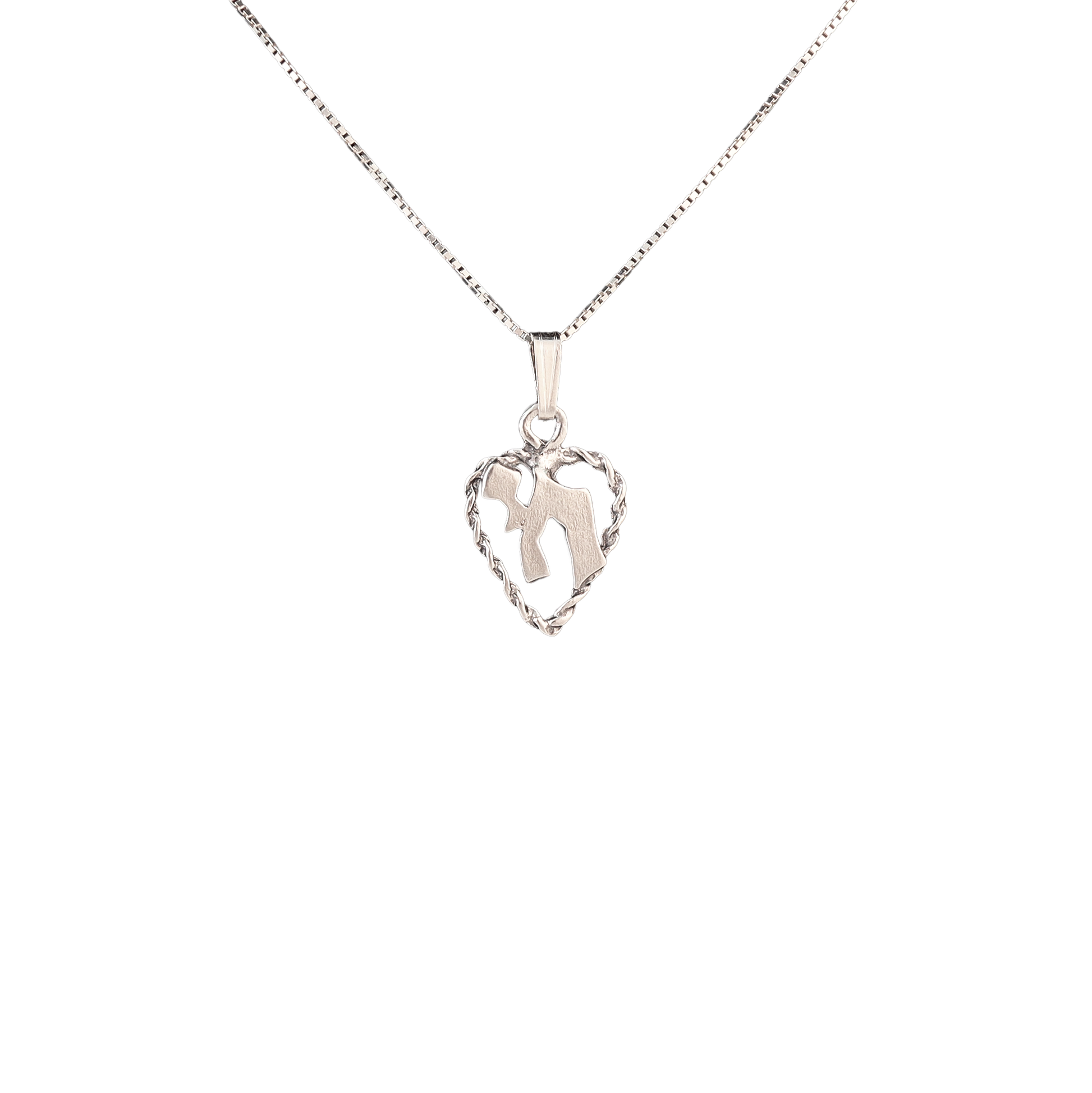 Silver heart shaped pendant with chai symbol