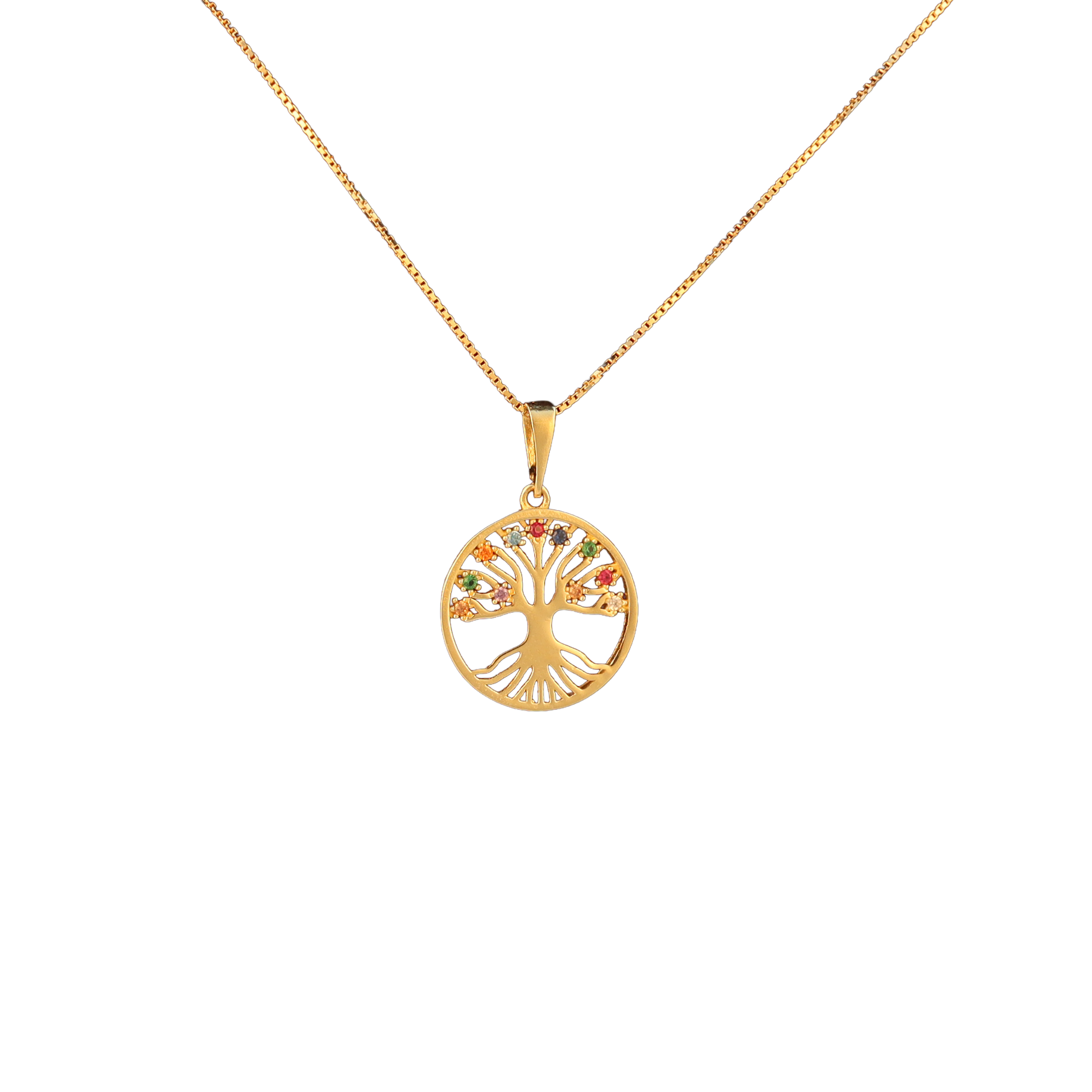 Gold tree of life pendant with multicolored gemstones