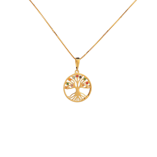 Gold tree of life pendant with multicolored gemstones