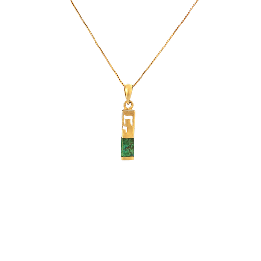 Rectangular gold pendant with Chai symbol carved at the top and an eilat stone on the bottom