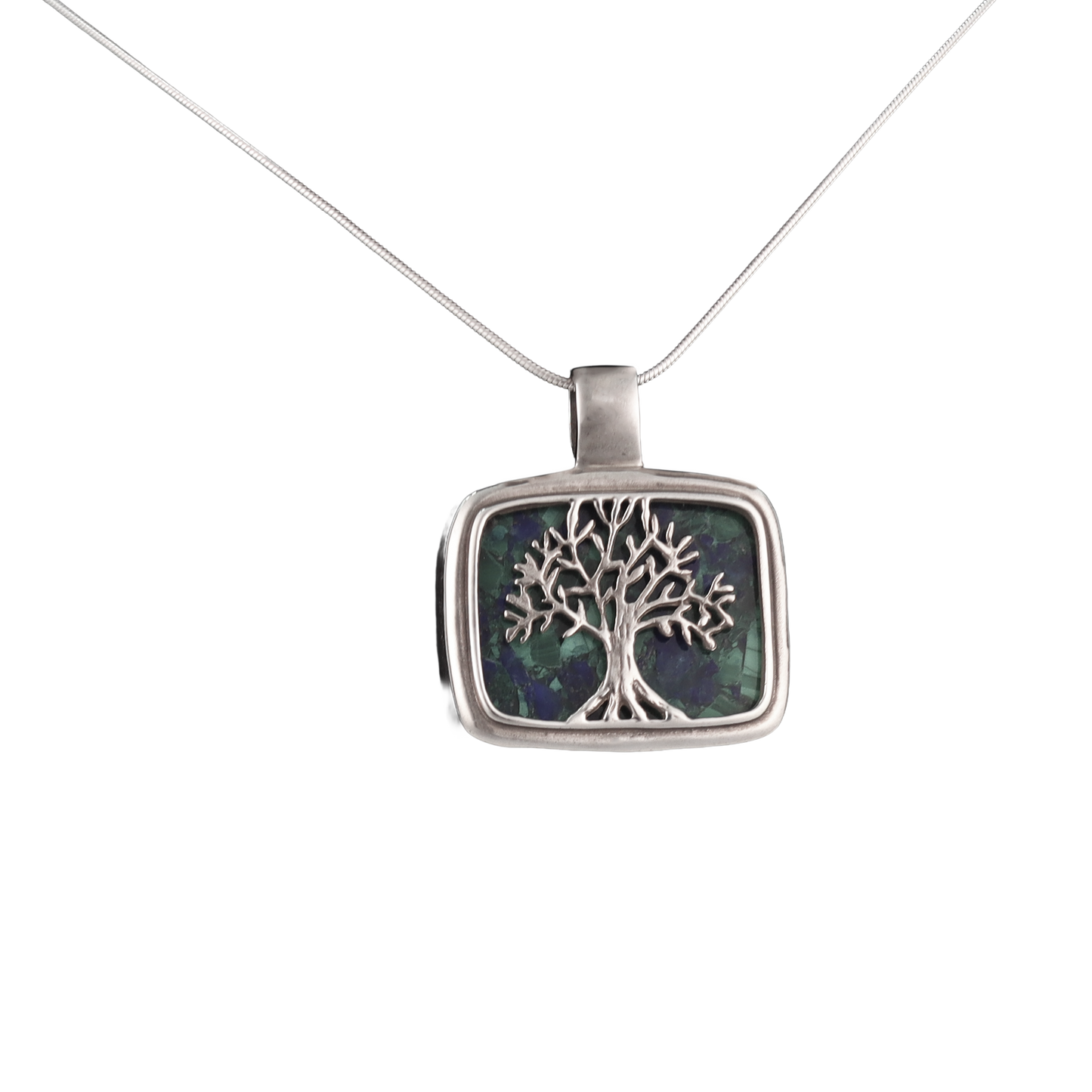 Rectangular Eilat stone pendant framed in sterling silver with a silver tree of life 