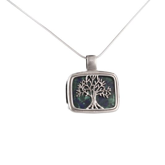 Rectangular Eilat stone pendant framed in sterling silver with a silver tree of life 