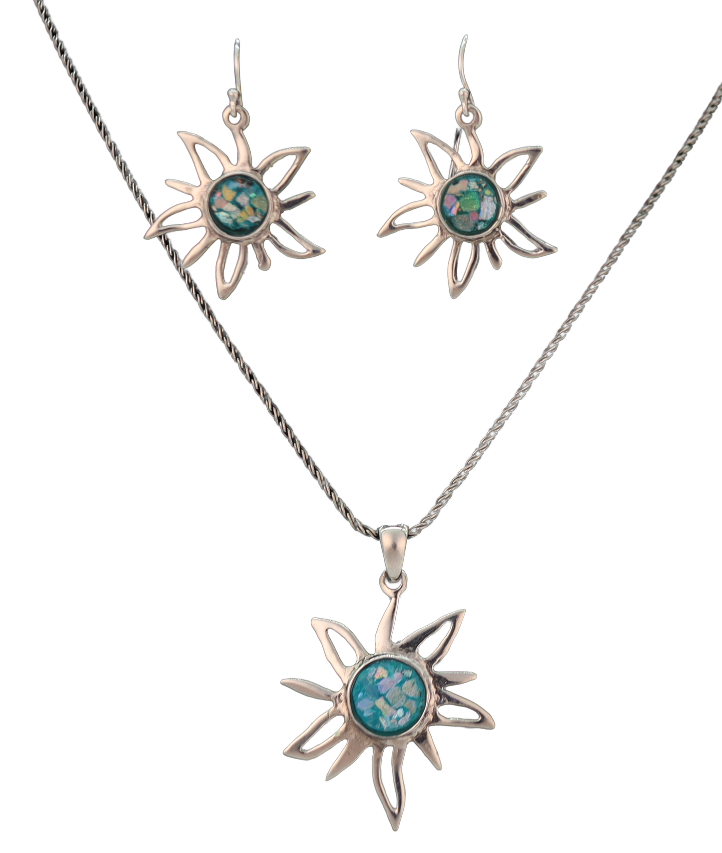 Silver sun necklace and earring set with roman glass center