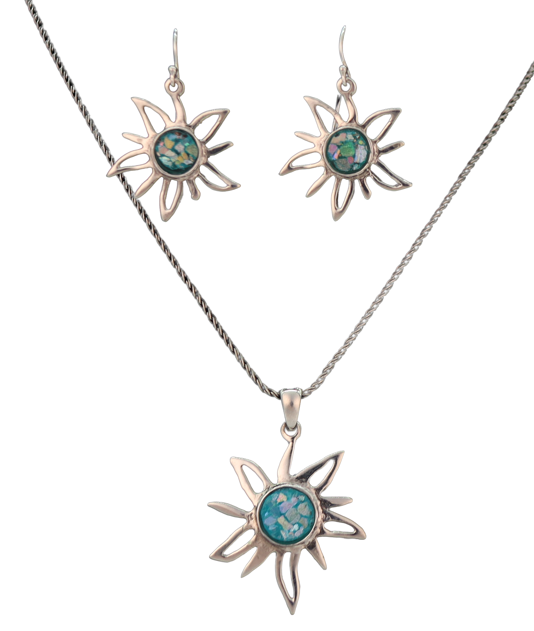Silver sun necklace and earring set with roman glass center