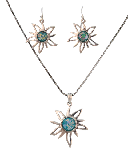 Silver sun necklace and earring set with roman glass center