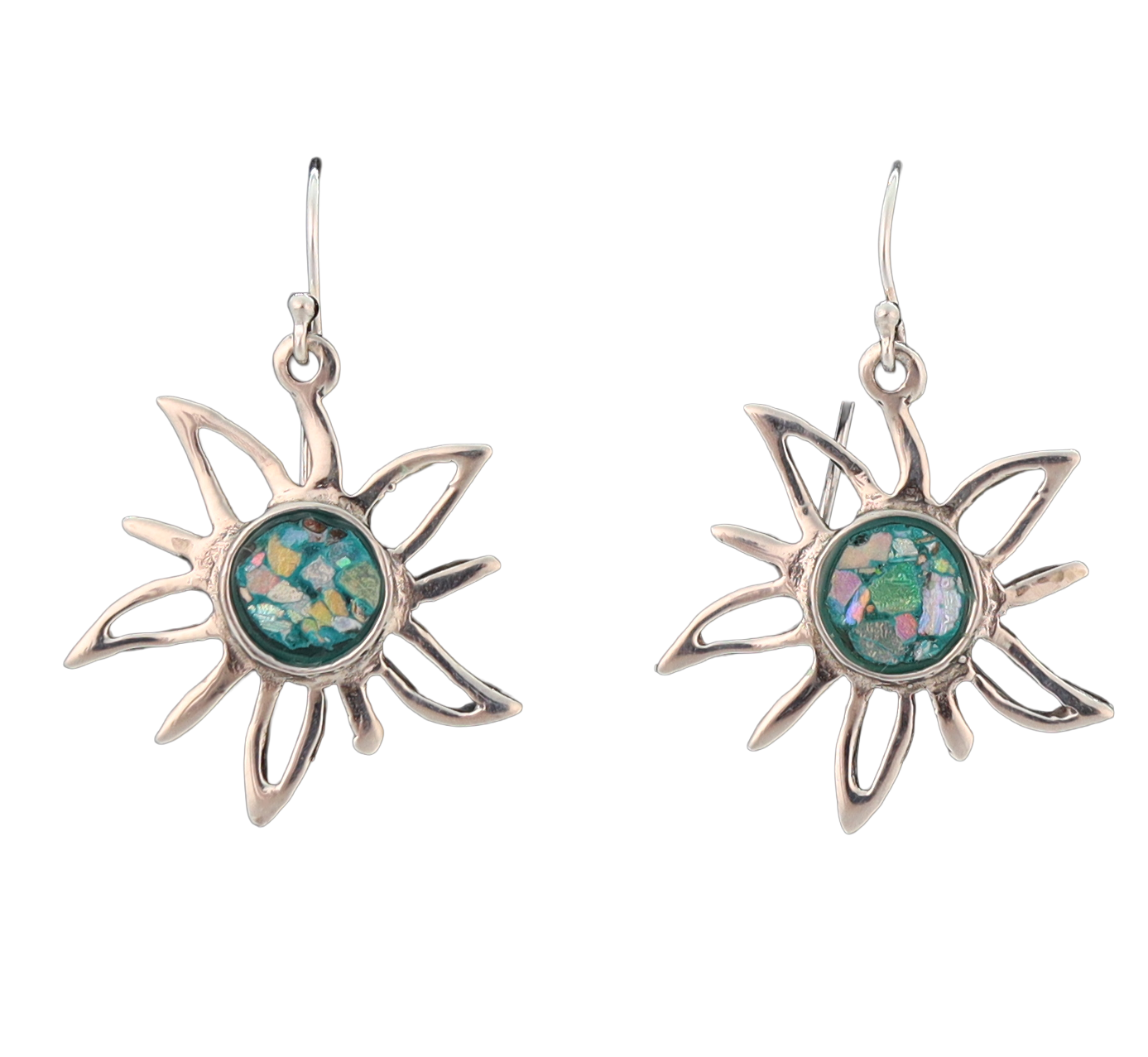 Silver sun earrings with roman glass center