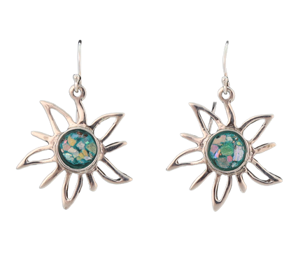 Silver sun earrings with roman glass center