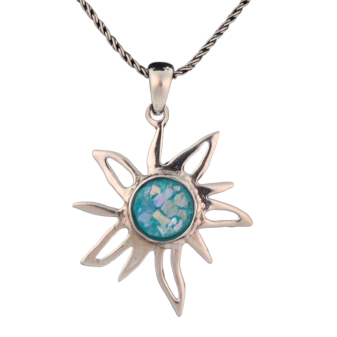 Silver sun necklace with roman glass center