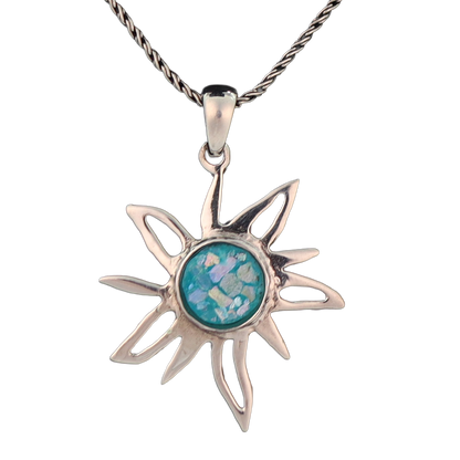 Silver sun necklace with roman glass center