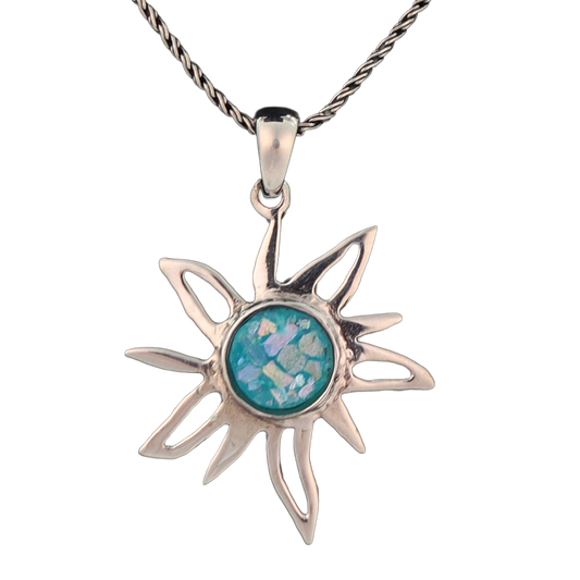 Silver sun necklace with roman glass center