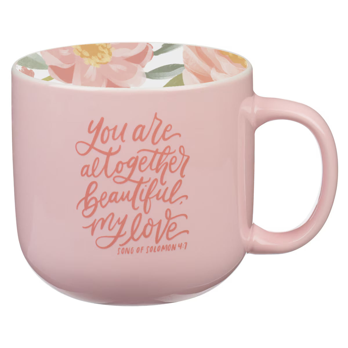 Pink mug with floral interior and motivational quote in pink script