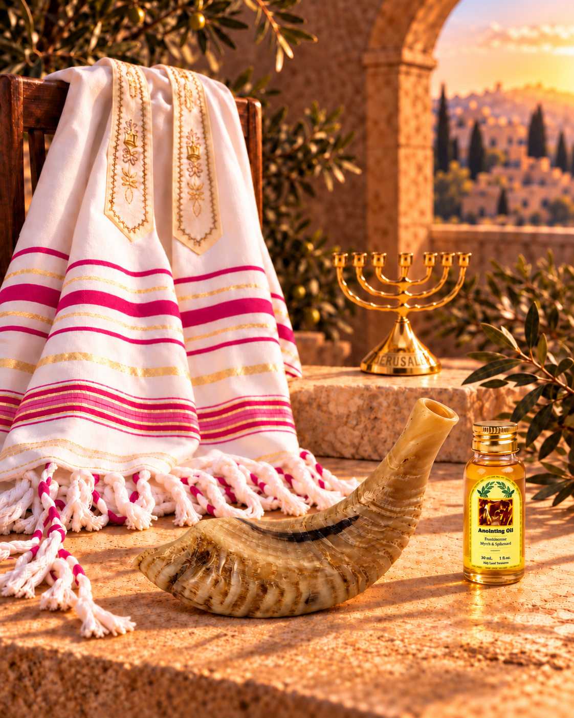 Shofar Gift Set with Prayer Shawl, Anointing Oil & Menorah