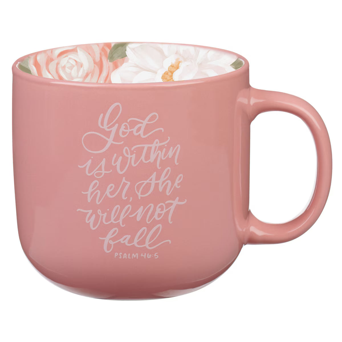 Pink mug with floral interior and motivational quote in white script