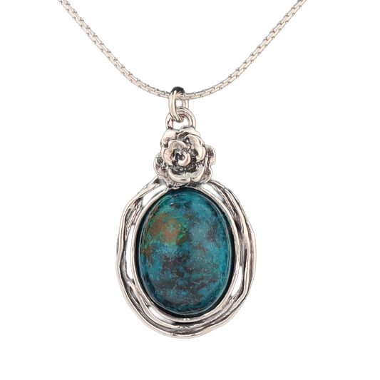 Eilat stone pendant set in sterling silver with a silver flower at the top on a silver chain