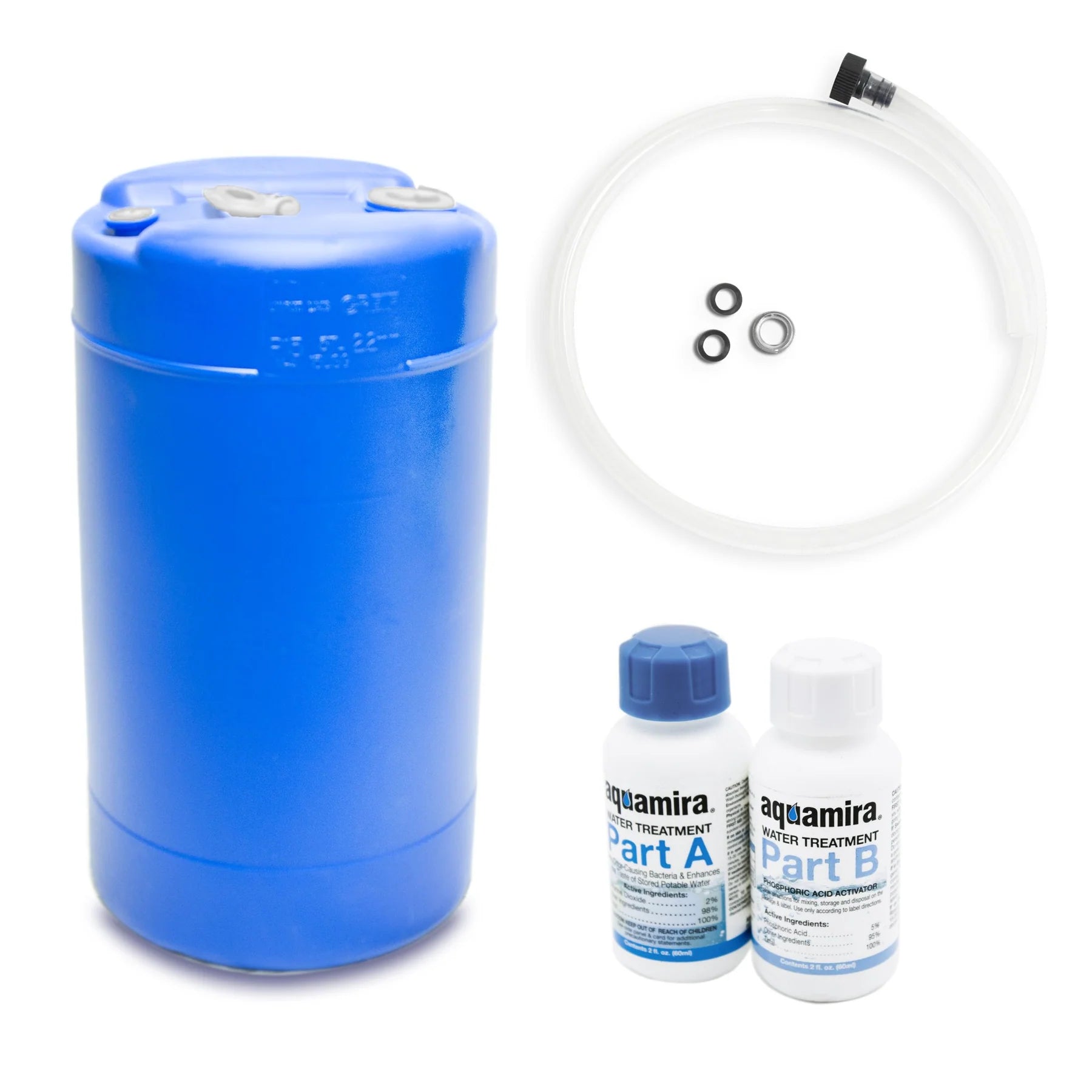 Blue 15 Gallon Water Storage Tank with water treatment and hose