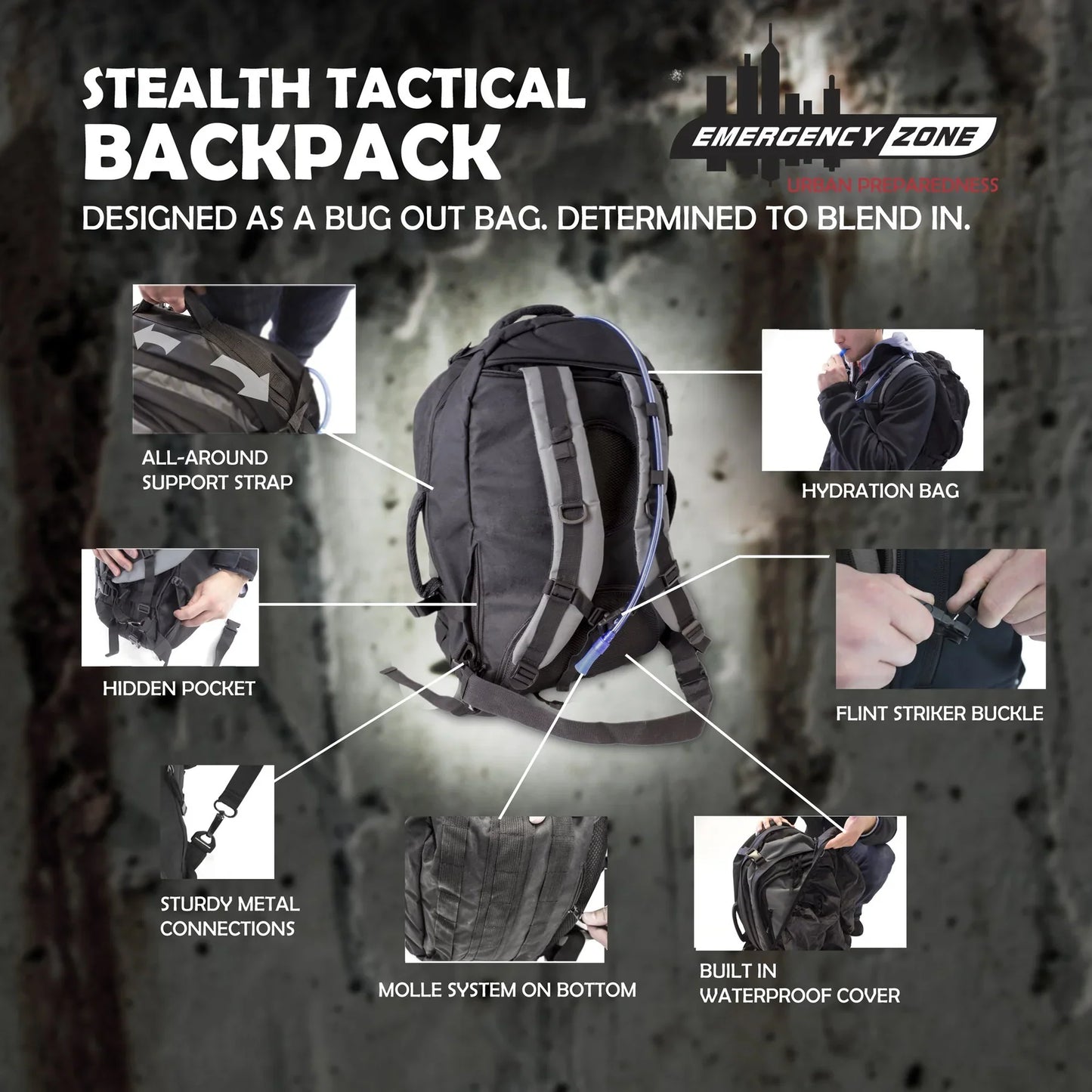Emergency Zone Stealth Tactical Backpack with Hydration Bladder