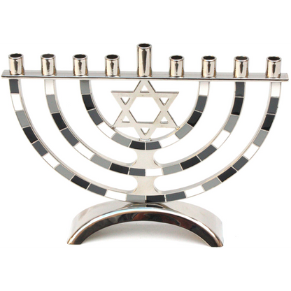 Silver-plated Hanukkiah with color blocks of grey tones on the branches and a Star of David in the center