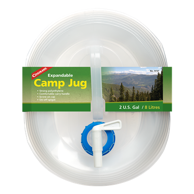 2-Gallon Expandable Camp Jug collapsed and inside of it's packaging