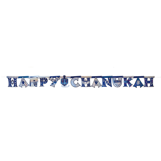 banner that reads happy chanukah in blue and silver letters with hannukah symbols on each letter