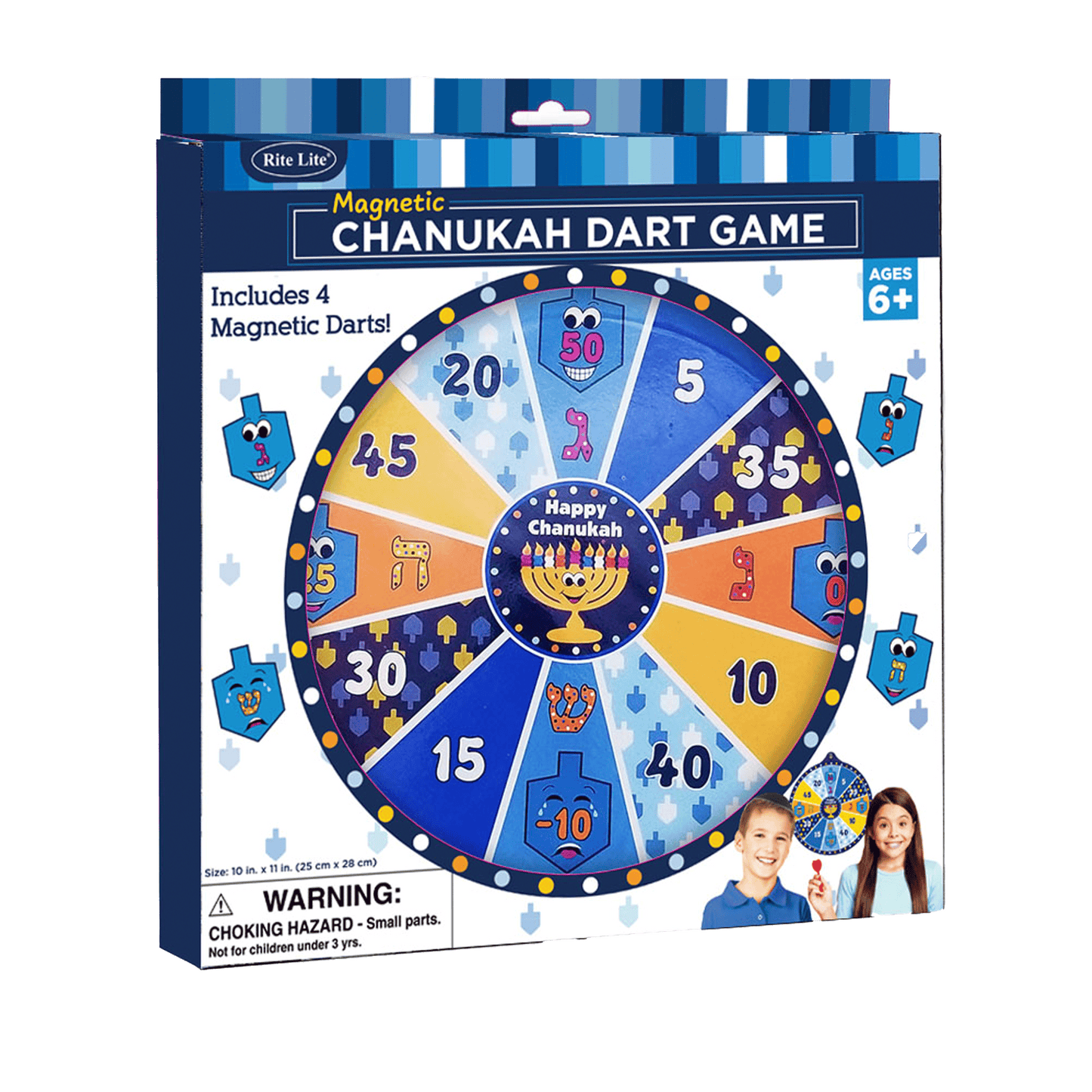 Rite Lite Magnetic Chanukah Dart Game with passover themed images and points on board as well as the phrase Happy Chanukah in the center of the board 