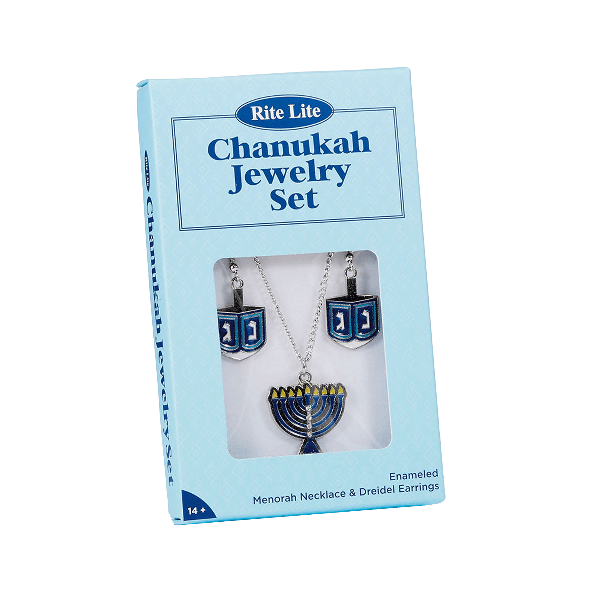 Rite Light Chanukah Jewelry set with two driedle earrings and one menorah necklace 