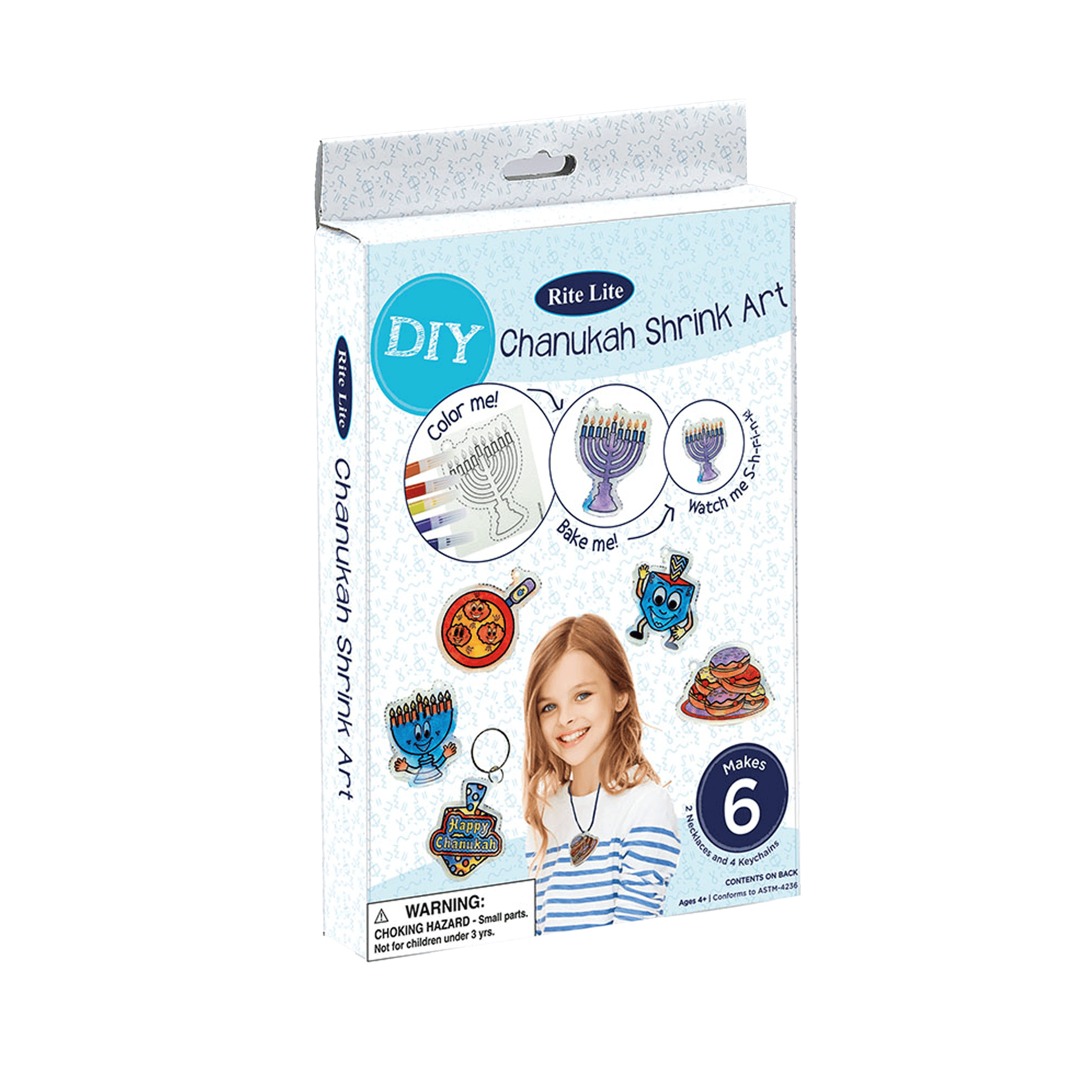 Rite Lite DIY Chanukah Shrink Art Kite with classic chanukah symbols and smiling little girl wearing shirk art necklace 