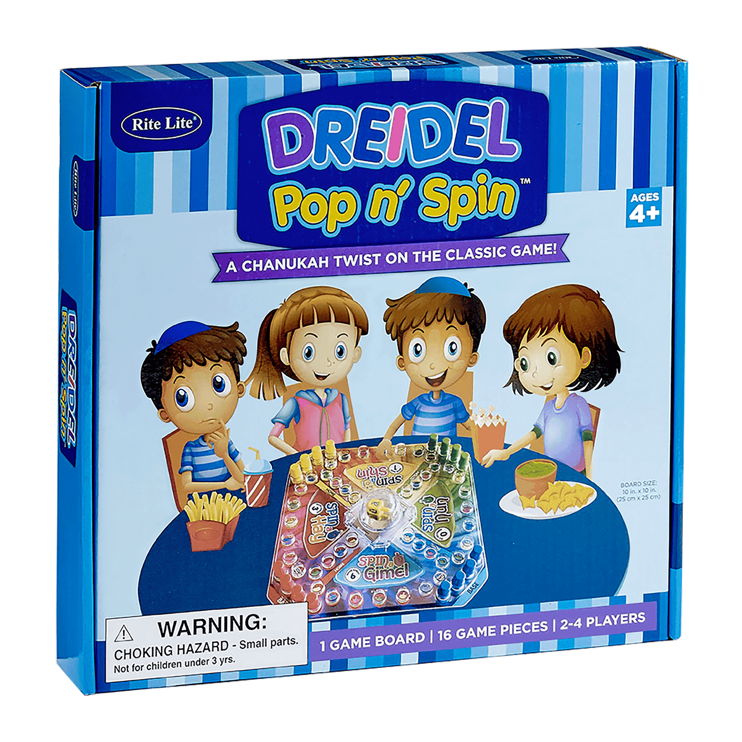rite lite pop n' spin chanukah themed game with three children playing game on cover 