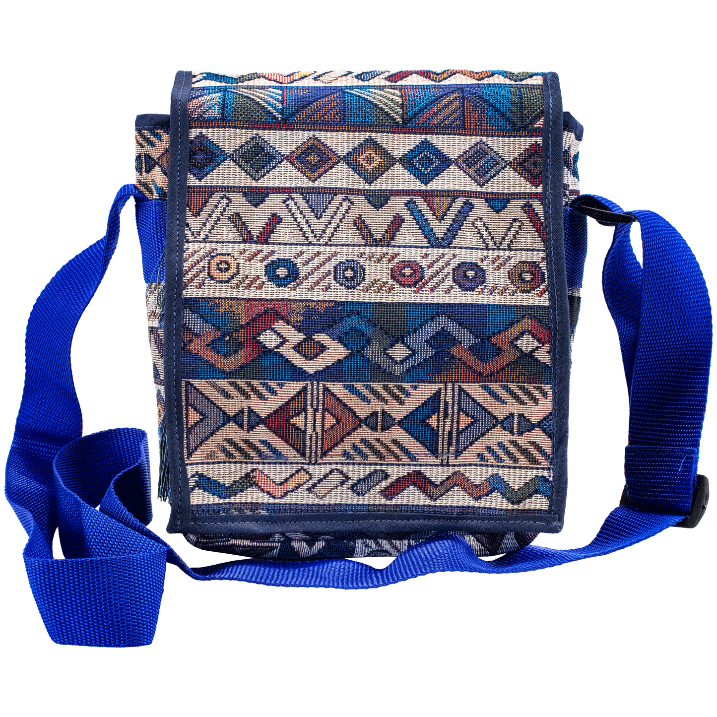 shoulder purse with flap and zippers Blue and rainbow tribal pattern
