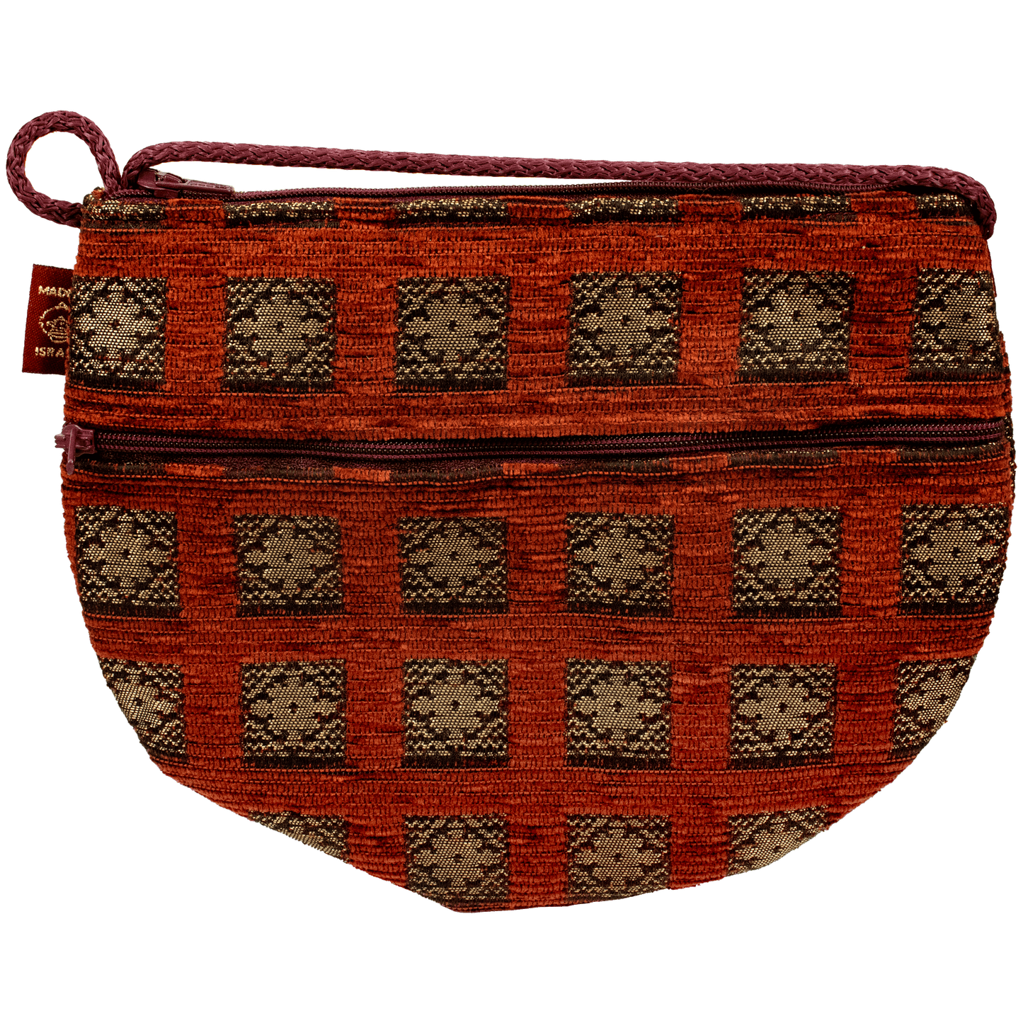 Deep Terracotta Half Moon crossbody purse with golden floral tile pattern