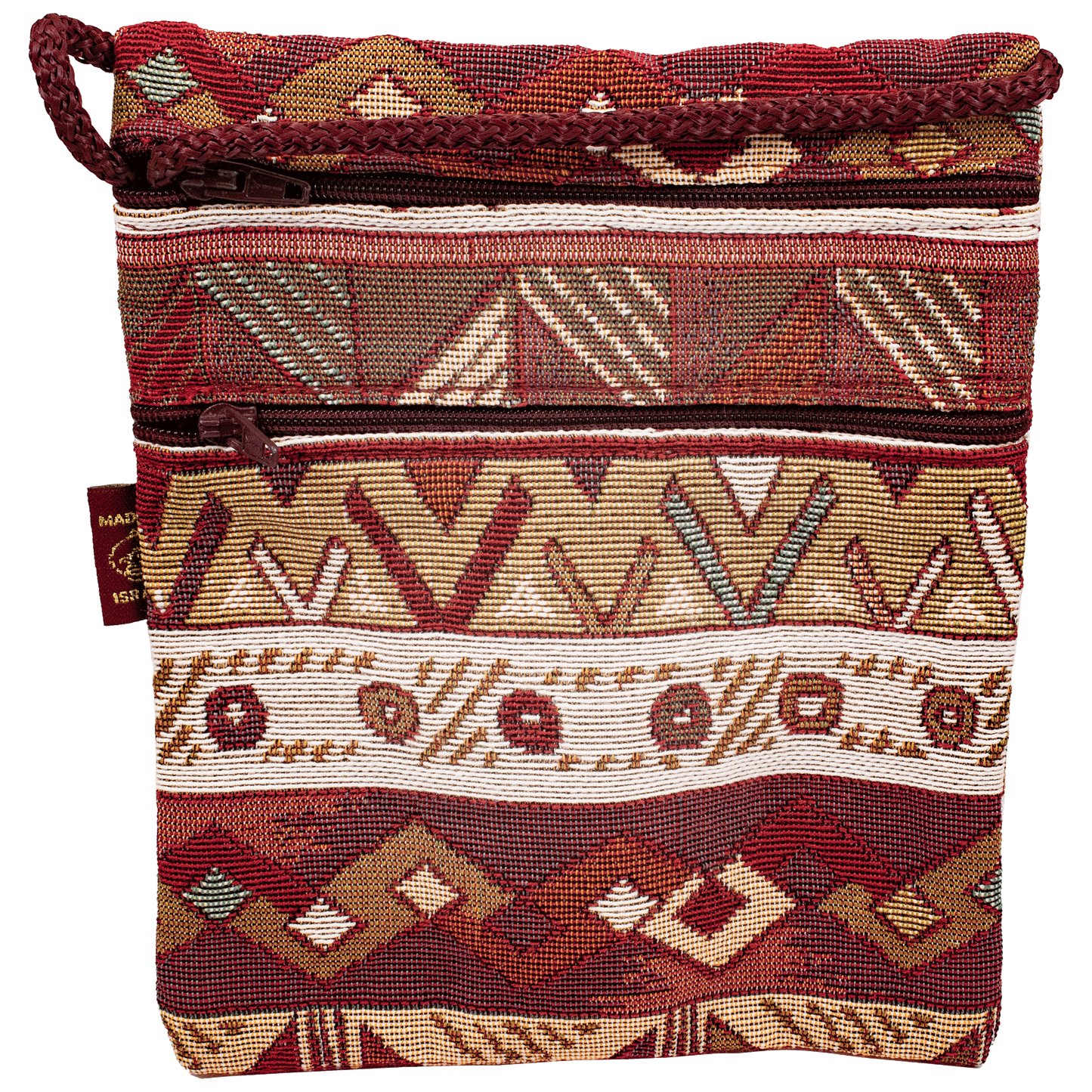 Crossbody Purse with maroon and earthy toned tribal pattern