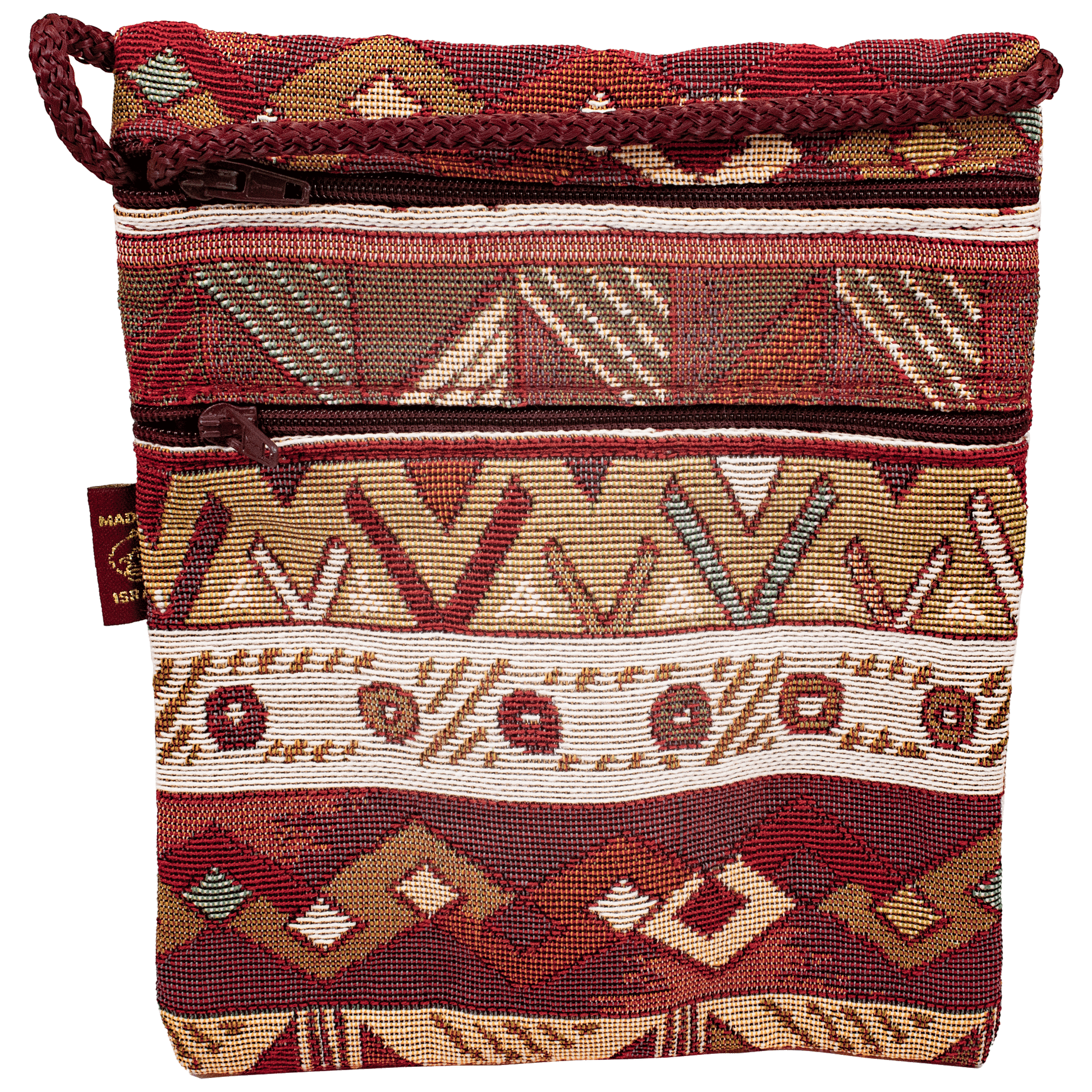 Crossbody Purse with maroon and earthy toned tribal pattern