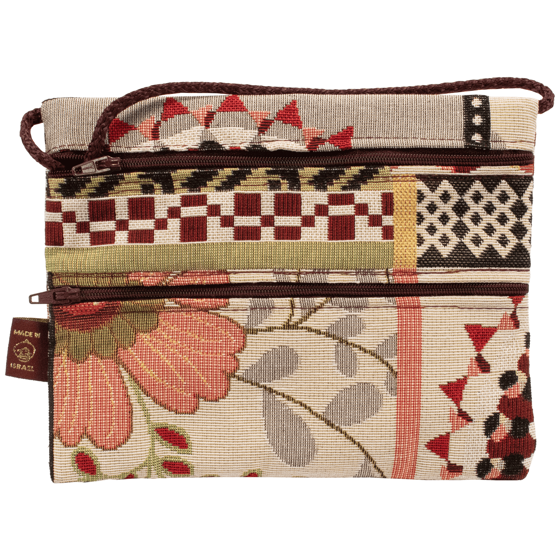 Double Zipper medium Crossbody bag with geometric and floral patterns Tones of red black and beige