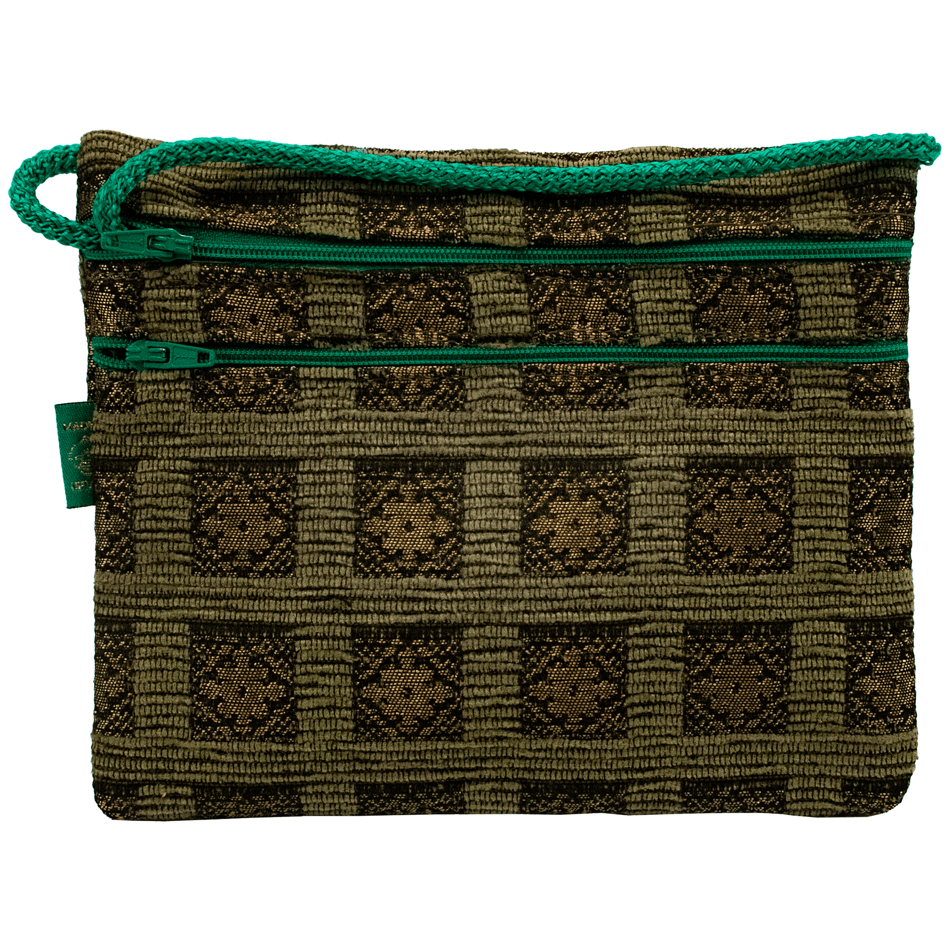 Double zipper horizontal crossbody bag with Green Square Floral Pattern