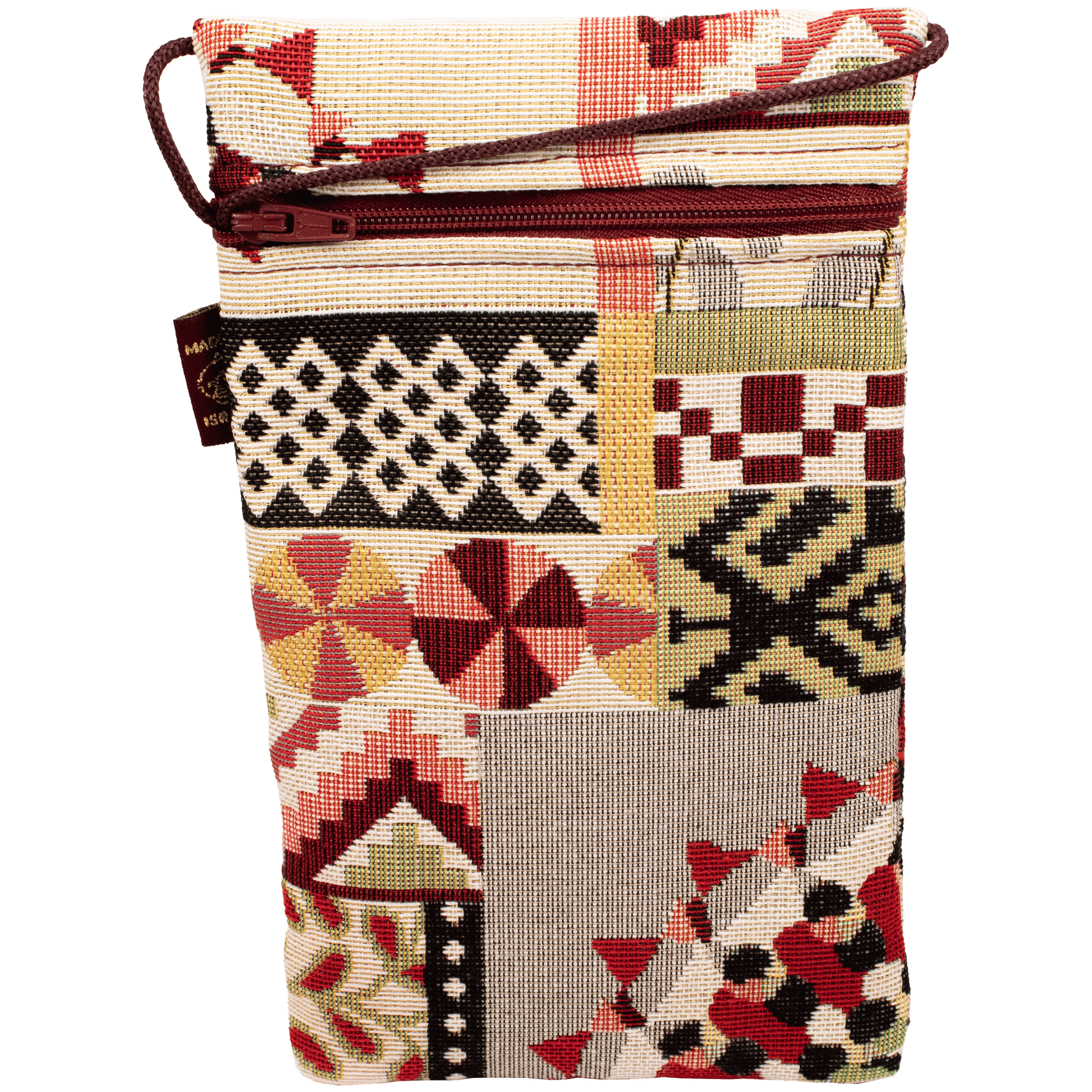 Slim rectangle purse with various patterns maroon black green and red colors