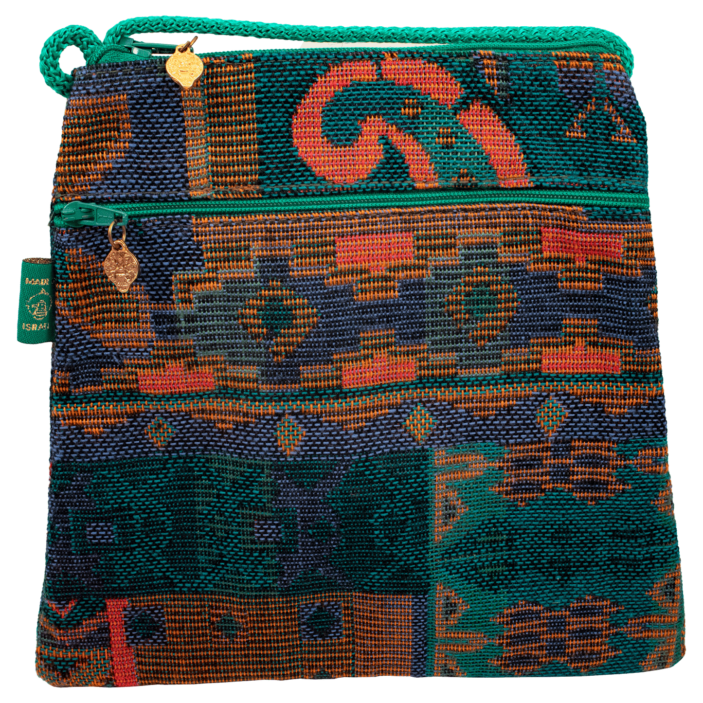 Dark green orange blue and yellow Aztec pattern subtle trapezoid crossbody purse 