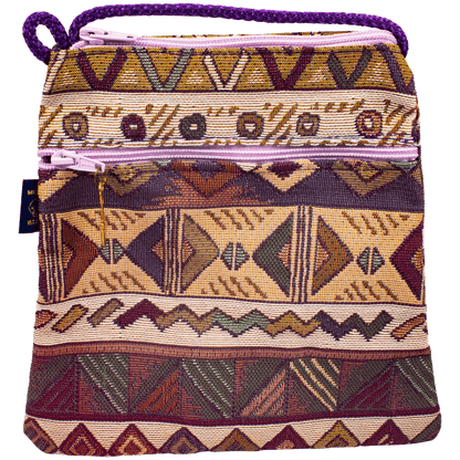 Subtle Trapezoid Crossbody purse with purple and earthy toned tribal pattern