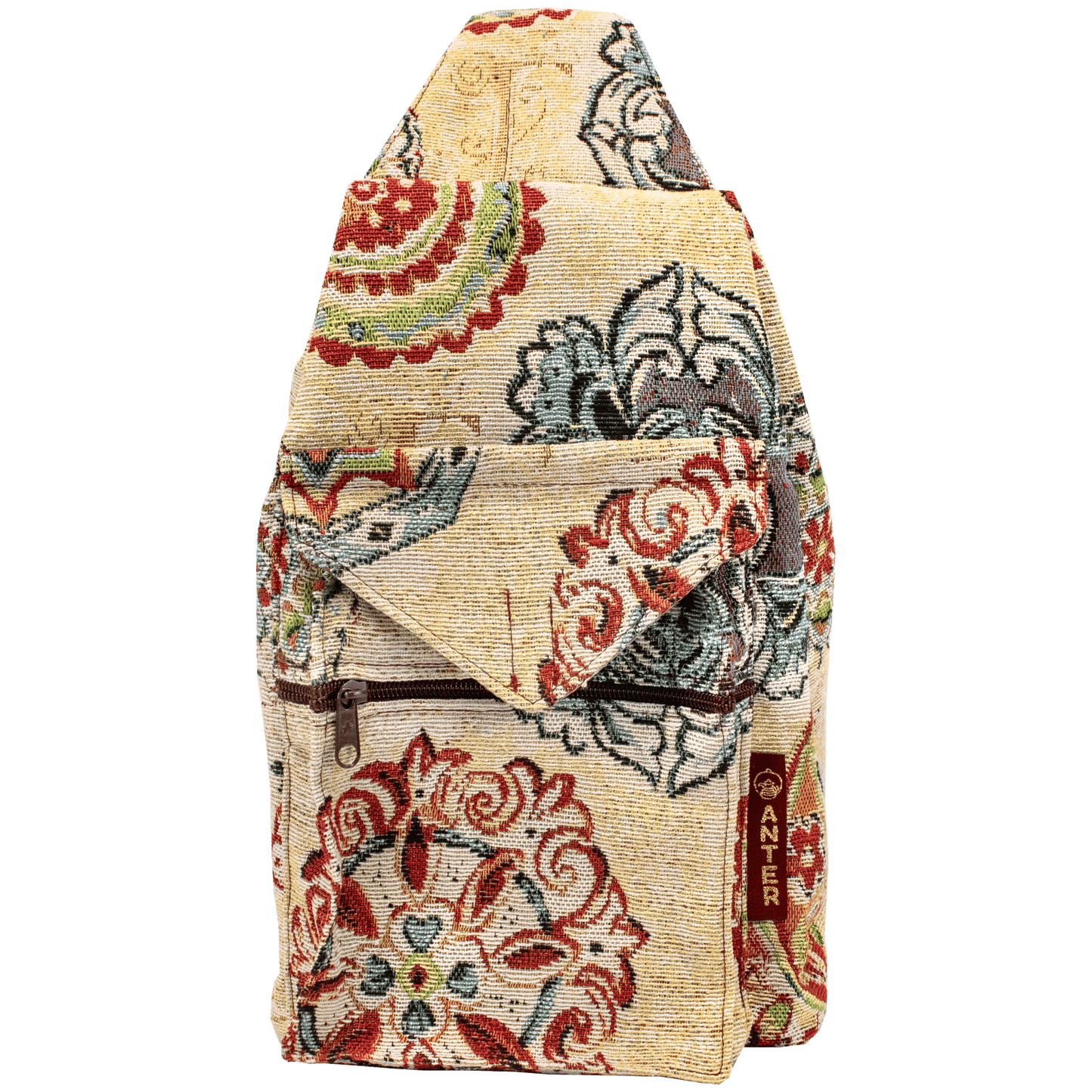 Large convertible backpack to shoulder bag yellow with floral pattern