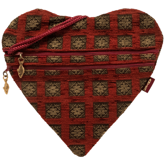 Deep Terracotta heart purse with golden floral square pattern golden fish zipper charms double zipper