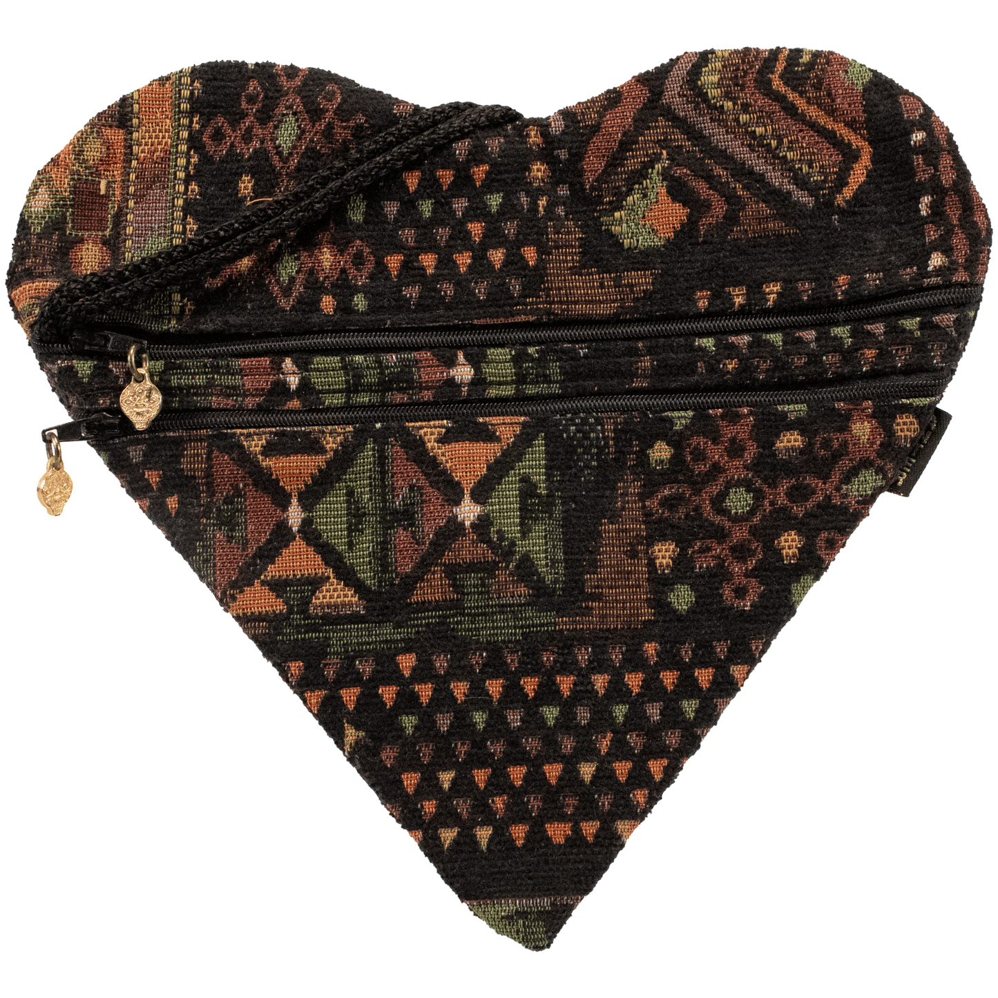 Black Heart purse with geometric pattern muted earthy tones double zipper