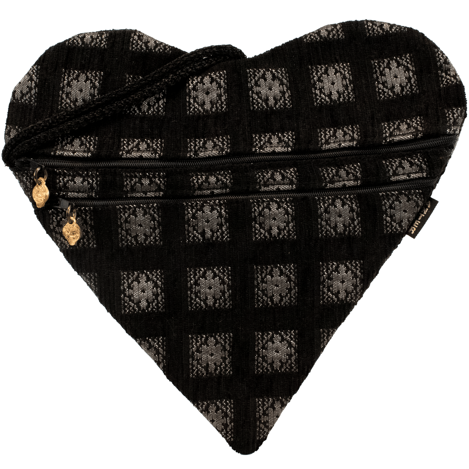 Black heart purse with golden floral square pattern golden zipper charms double zipper