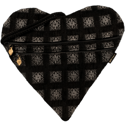 Black heart purse with golden floral square pattern golden zipper charms double zipper